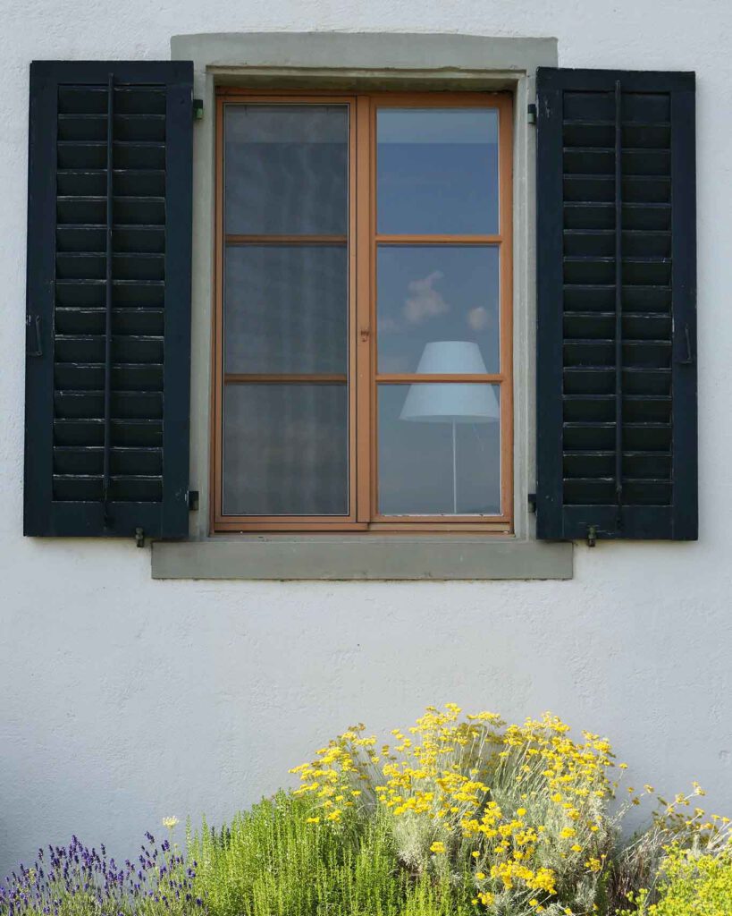 Die Lampe versteckt sich hinterm Vorhang und wird von den Pflanzen im Kräutergarten dabei beobachtet.