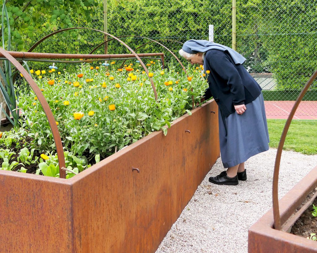 Schwester Martina schaut nach dem Rechten bei ihren Favoriten den Ringelblumen.