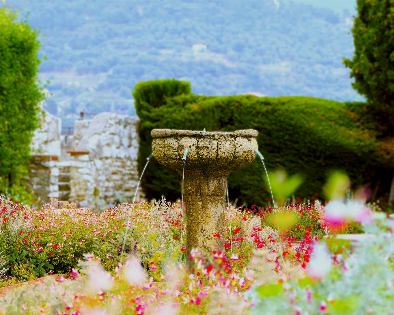 Noch immer plätschert der alte Brunnen über den Dächern von Nizza auf den Terrassen des alten Kapuziner-Klosters von Cimiez und seinen ehemaligen Klostergarten.